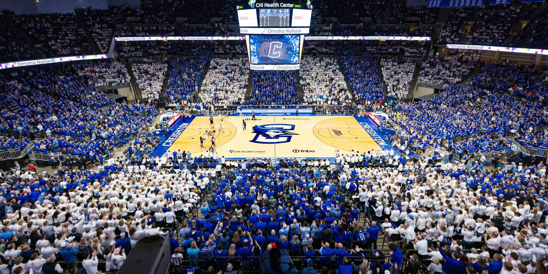 Creighton playing at CHI Health Center, the Bluejay at center court.