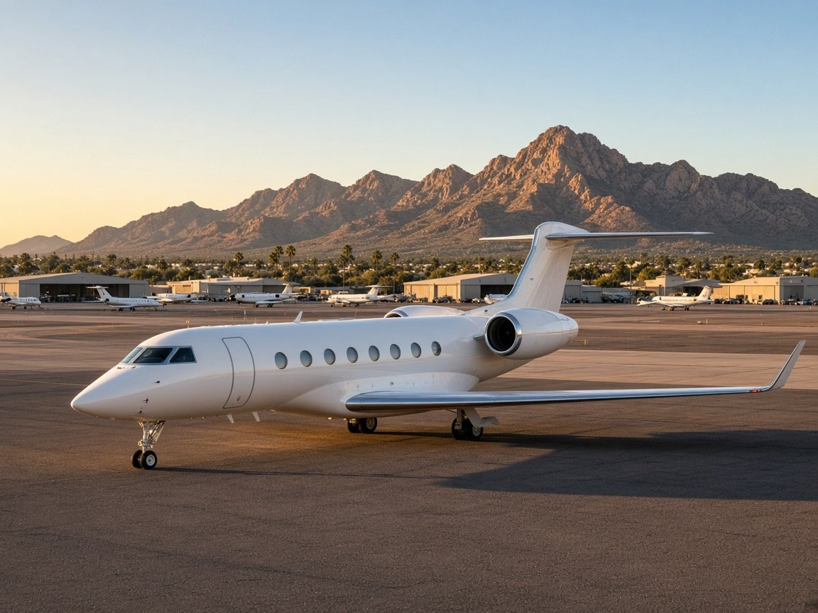 A private jet on the ramp at Scottsdale Airport, with the airfield and desert mountains behind it.