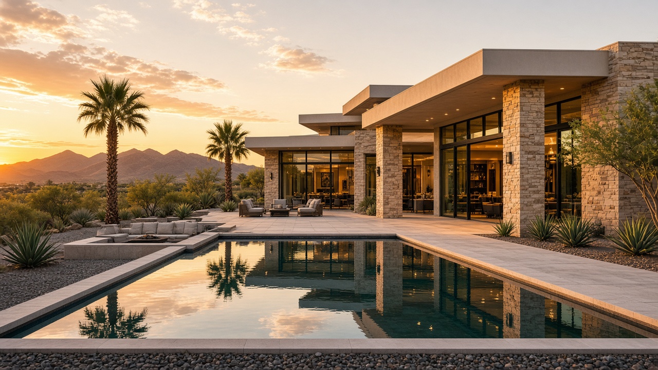 A Scottsdale mansion at sunset, with a pool, palms, and desert mountains.